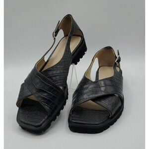 Theory Women's Black Cross Lug Sandal in Croc Print Goat Leather Size 38 US 8